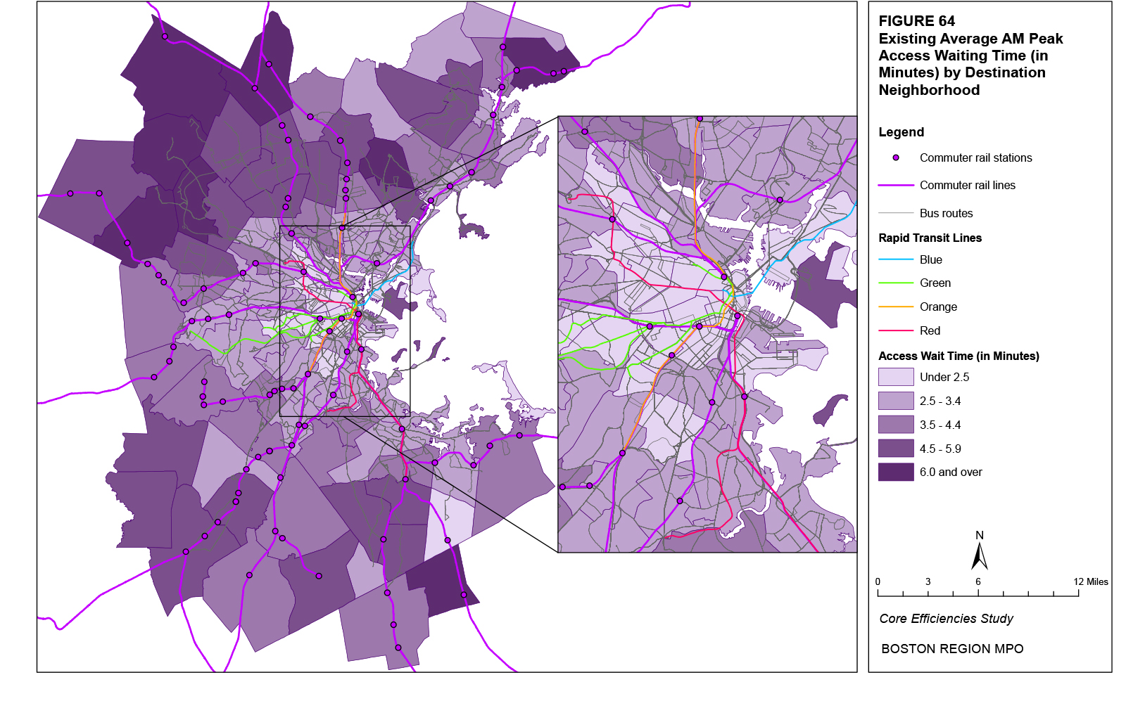This map shows the existing average AM peak initial waiting times for destination trips by neighborhood.